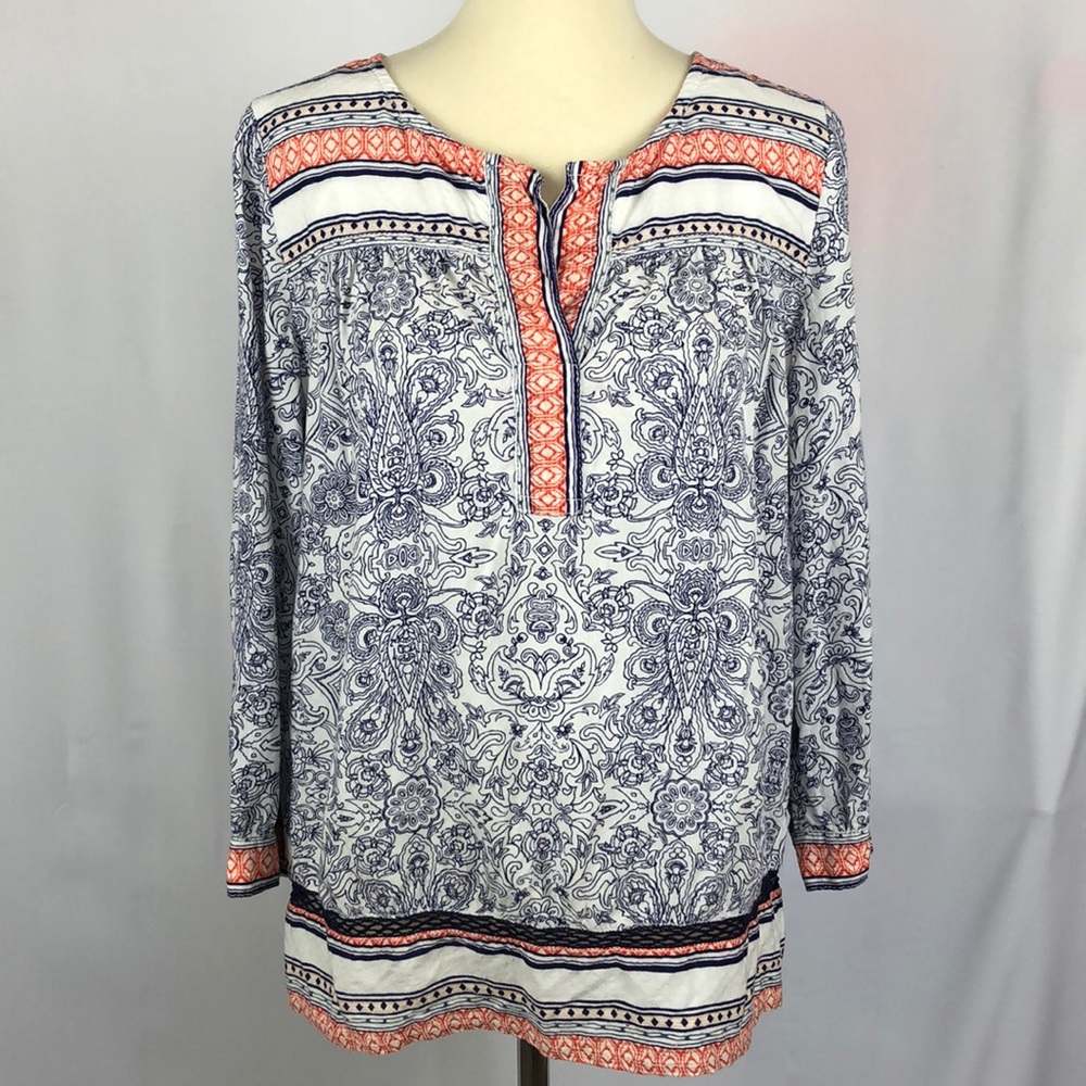 Caslon Navy Blue White & Orange Print Boho Blouse w/ 3/4 Length Sleeves Size XS